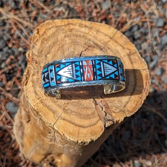 Native American Handmade Cuff‎ Bracelet Zuni Inlay Sterling Silver sz7US *** - Picture 6 of 11